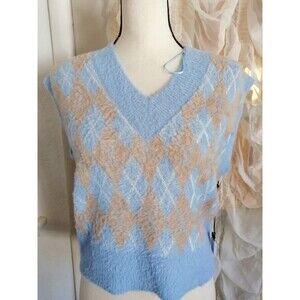 New Women SWEATER VEST Women’s S Super Soft Blue Brown V Neck